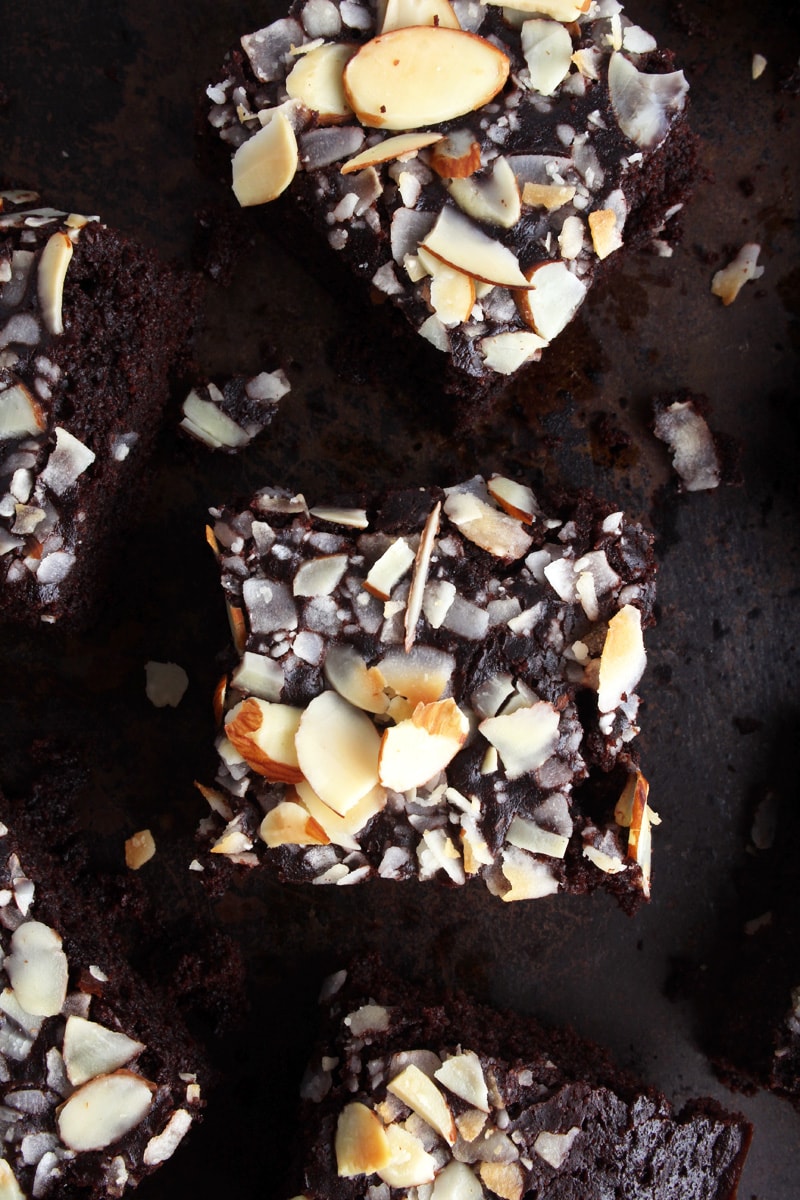 close-up picture of almond joy brownies cut in squares. 