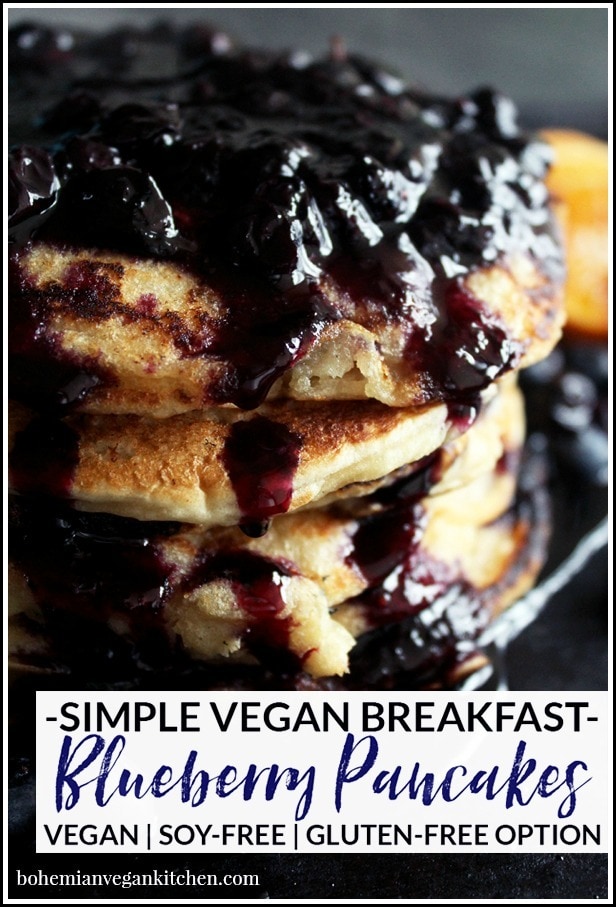 Learn the secret to making moan-worthy vegan pancakes + enjoy this simple recipe with homemade blueberry syrup! Easy to pull together, and includes instructions for gluten-free pancakes. #veganpancakes #veganpancakesglutenfree #veganpancakesrecipe #veganpancakesblueberry #veganpancakesblueberrysauce #bohemianvegankitchen