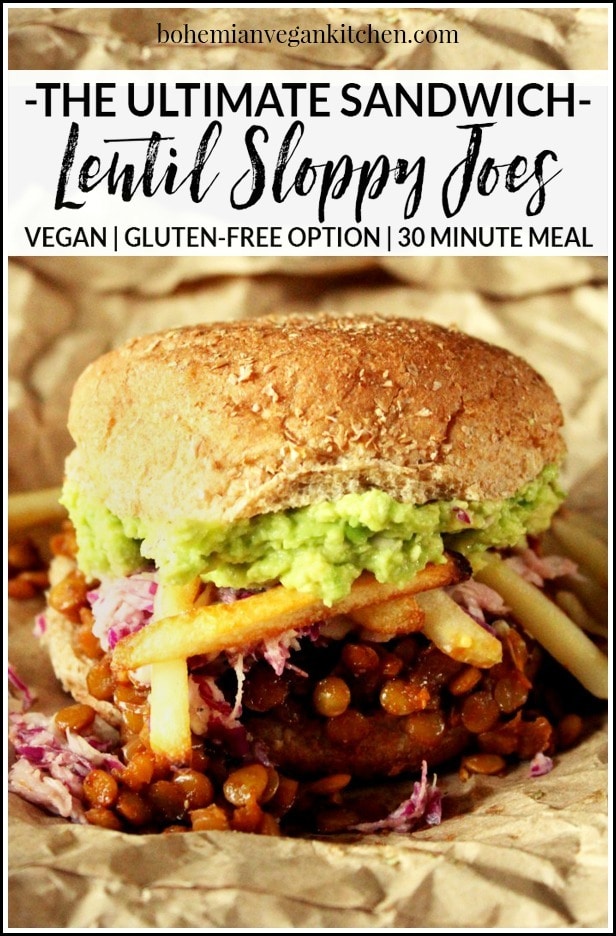 Making the Ultimate Vegan Sloppy Joe makes me want to sing like Adam Sandler! Loaded down with homemade slaw, avocado, and oven baked fries, this is one delicious ritual you don't want to miss! #vegansloppyjoes #vegansloppyjoeslentil #vegansloppyjoeseasy #vegansloppyjoesbest #bohemianvegankitchen