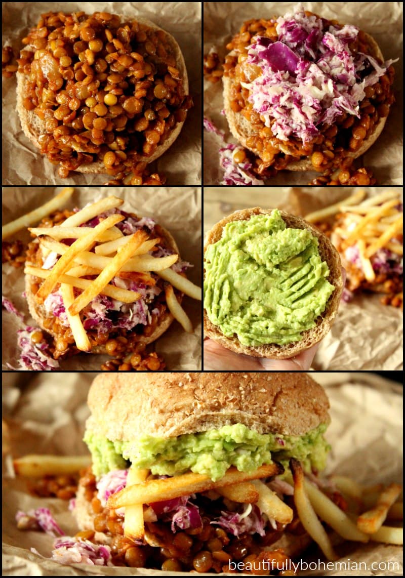 Making the Ultimate Vegan Sloppy Joe makes me want to sing like Adam Sandler! Loaded down with homemade slaw, avocado, and oven baked fries, this is one delicious ritual you don't want to miss! #vegansloppyjoes #vegansloppyjoeslentil #vegansloppyjoeseasy #vegansloppyjoesbest #bohemianvegankitchen