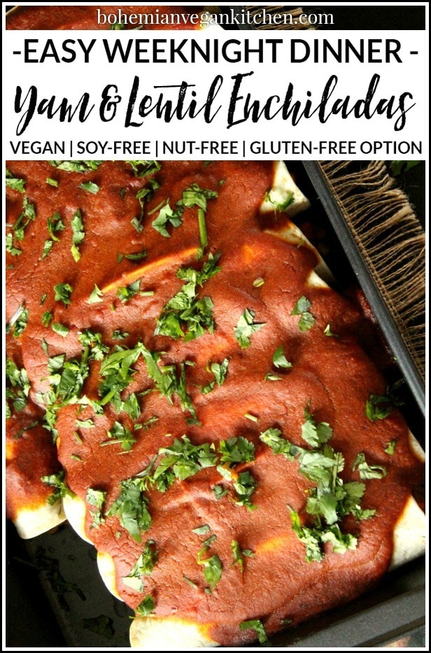 Enchiladas always make the best weeknight dinners! This week, serve up some healthy vegan enchiladas, which uses yams and lentils as the filling. Takes only 10 min prep time and 30 min to bake! #veganenchiladas #veganenchiladaseasy #veganenchiladasbake #veganenchiladashealthy #bohemianvegankitchen