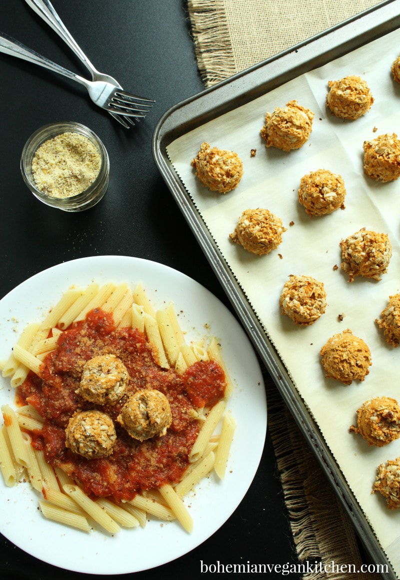 Want a meatball alternative that is also soy-free? Try these EASY mozzarella dairy-free bean balls! They take only 5 INGREDIENTS + are naturally soy-free, nut-free, and gluten-free! #veganmeatballsrecipe #veganmeatballsbeans #veganmeatballsglutenfree #veganmeatballseasy #bohemianvegankitchen