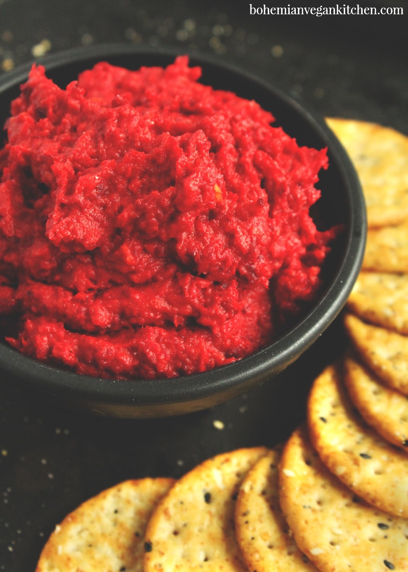 This delicious sweets and beets dip requires only THREE main ingredients + 10 minutes prep time! It's a simple recipe that doesn't take much effort and can be completed in about 30 minutes. All you have to do it bake, blend, and munch. #sweetsandbeetsdip #lowhistaminerecipes #lowhistaminediet #lowhistaminedietrecipes #bohemianvegankitchen
