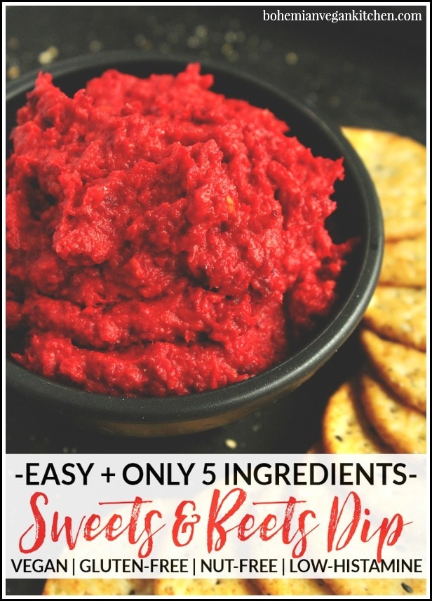 This delicious sweets and beets dip requires only THREE main ingredients + 10 minutes prep time! It's a simple recipe that doesn't take much effort and can be completed in about 30 minutes. All you have to do it bake, blend, and munch. #sweetsandbeetsdip #lowhistaminerecipes #lowhistaminediet #lowhistaminedietrecipes #bohemianvegankitchen