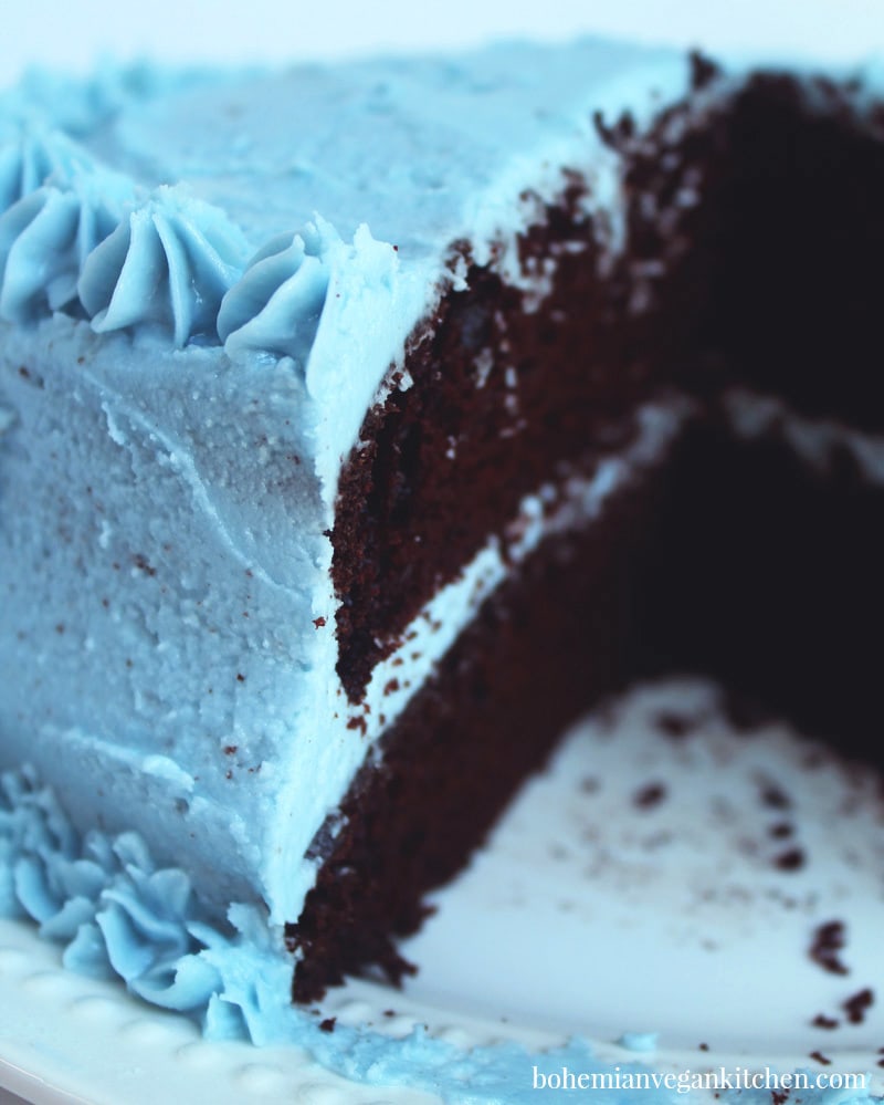 picture of vegan birthday cake sliced with chocolate.