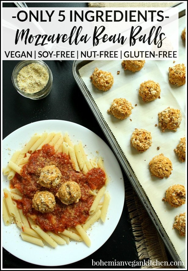 Want a meatball alternative that is also soy-free? Try these EASY mozzarella dairy-free bean balls! They take only 5 INGREDIENTS + are naturally soy-free, nut-free, and gluten-free! #veganmeatballsrecipe #veganmeatballsbeans #veganmeatballsglutenfree #veganmeatballseasy #bohemianvegankitchen