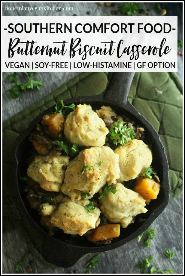 Stay warm all winter long with this easy butternut biscuit casserole! Easy to pull together, and 100% vegan. #veganbiscuit casserole #easybiscuitcasserole #dinnercasserole #vegetariancasserole #bohemianvegankitchen