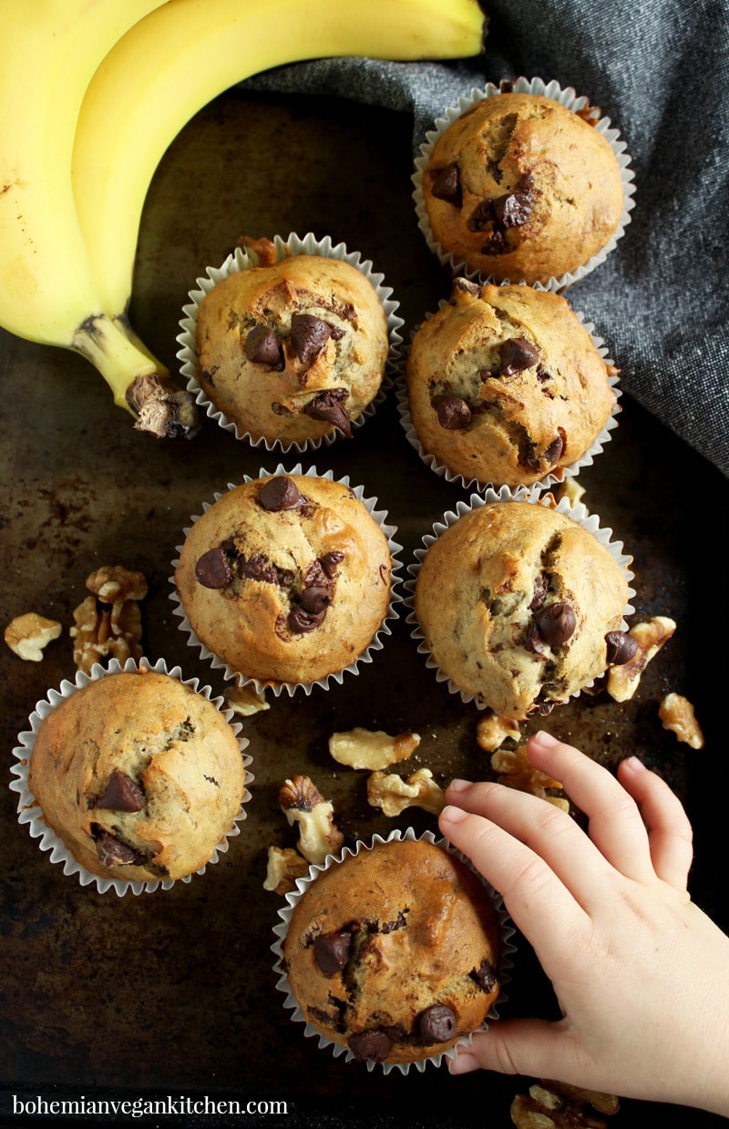 picture of vegan banana chocolate chip muffins with a child's hand reaching for a muffin