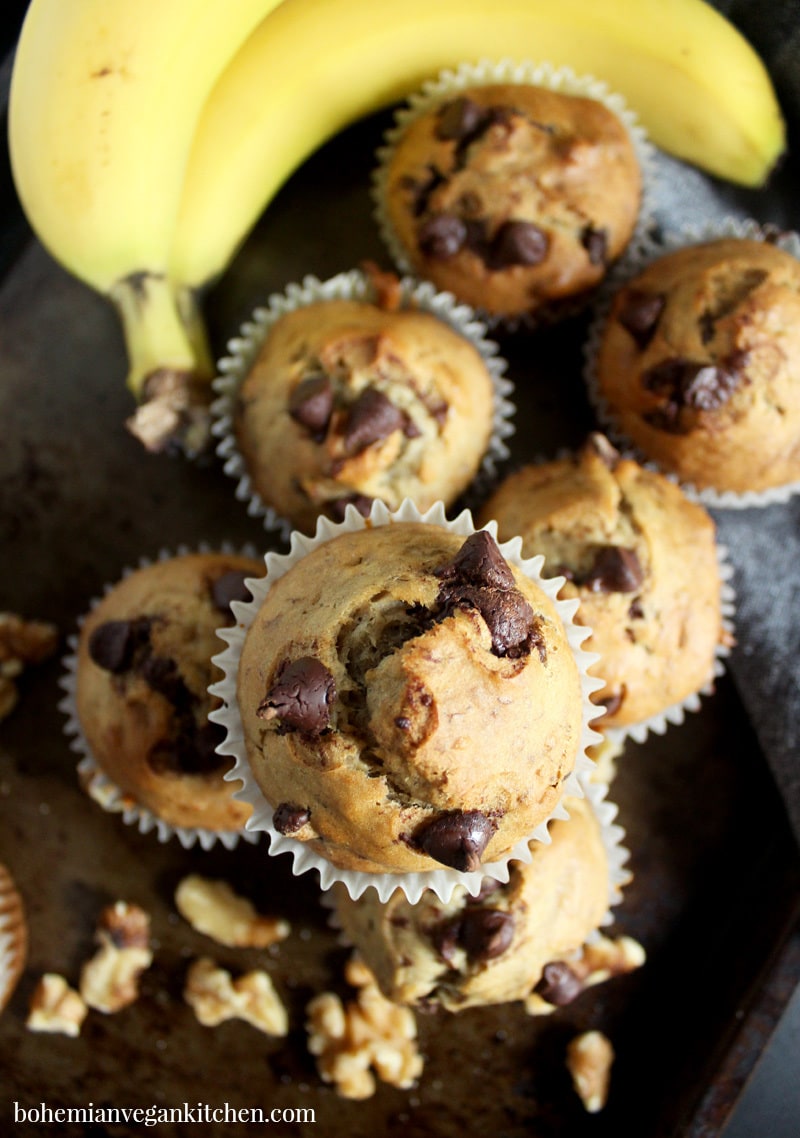 overhead picture of vegan banana chocolate chip muffins