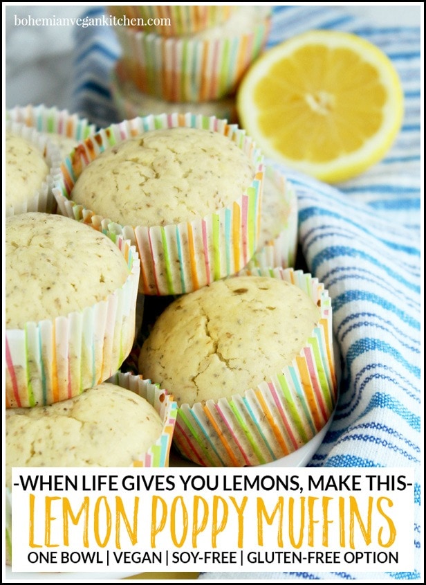 When life gives you lemons, forget making lemonade and make vegan lemon poppy seed muffins instead! Bursting with lemon-y flavor + packed with delicious poppy seeds, these muffins are the perfect breakfast muffin or on-the-go snack. Can easily be made gluten-free with a simple switch of flour. #veganlemonpoppyseedmuffins #veganlemonmuffins #veganlemonmuffinshealthy #veganlemonmuffinsdairyfree #veganlemonmuffinsglutenfree #veganlemonmuffinsrecipe #bohemianvegankitchen