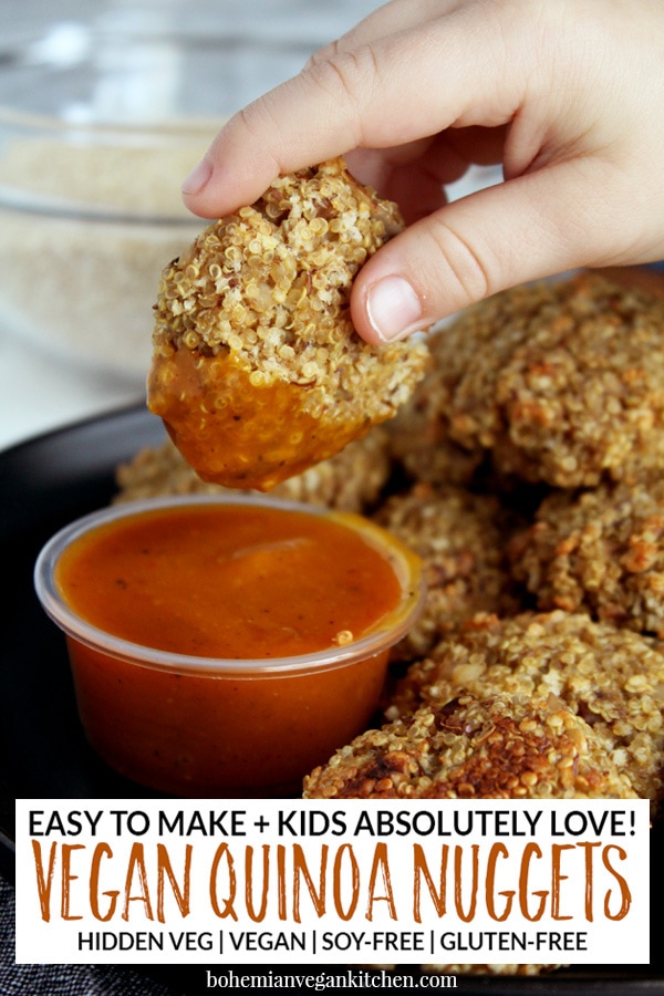 Nuggets are here to stay as one of the top kids foods of all time, right next to pizza and hamburgers. Serve your kids healthy quinoa vegan nuggets that are 100% soy-free and gluten-free, while also packing hidden veggies for an added bonus. Great for kids lunches and easy dinners! #veganchickennuggets #veganchickennuggetsbaked #veganchickennuggetseasy #veganchickennuggetskids #bohemianvegankitchen