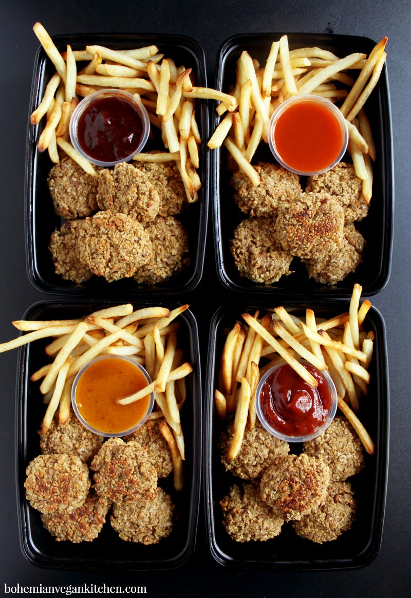 Nuggets are here to stay as one of the top kids foods of all time, right next to pizza and hamburgers. Serve your kids healthy quinoa vegan nuggets that are 100% soy-free and gluten-free, while also packing hidden veggies for an added bonus. Great for kids lunches and easy dinners! #veganchickennuggets #veganchickennuggetsbaked #veganchickennuggetseasy #veganchickennuggetskids #bohemianvegankitchen