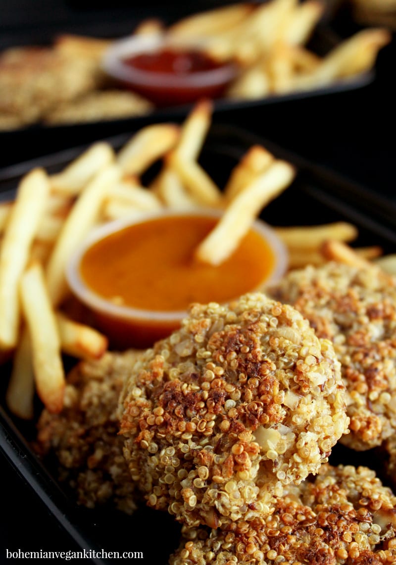 Nuggets are here to stay as one of the top kids foods of all time, right next to pizza and hamburgers. Serve your kids healthy quinoa vegan nuggets that are 100% soy-free and gluten-free, while also packing hidden veggies for an added bonus. Great for kids lunches and easy dinners! #veganchickennuggets #veganchickennuggetsbaked #veganchickennuggetseasy #veganchickennuggetskids #bohemianvegankitchen