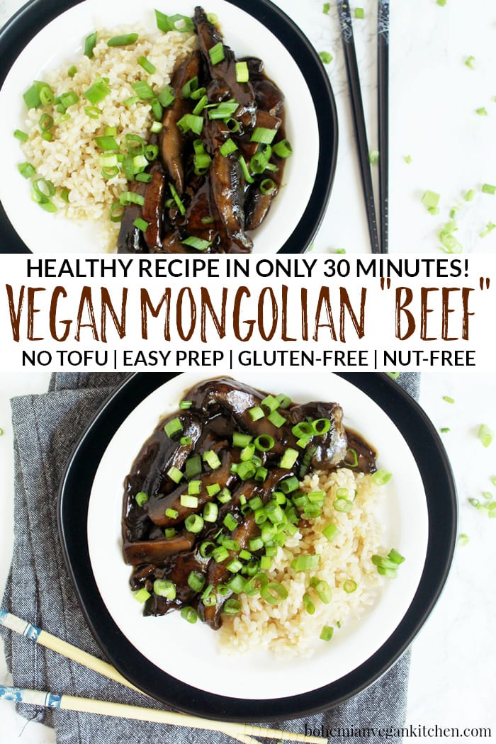This week, don’t freak out about dinner- just make some vegan Mongolian Beef instead! This homemade takeout uses mushrooms instead of tofu or tempeh, and cuts the sugar (and cook time) in HALF. Perfect for busy families during the week, and easily customizable for any allergy. #veganmongolianbeef #veganmongolianbeefrecipe #veganasianrecipes #vegantakeoutrecipes #bohemianvegankitchen