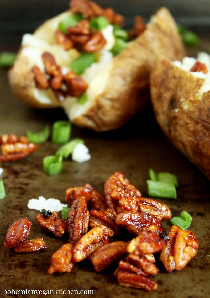 Satisfy your cravings with these easy vegan bacon bits! They're smoky. They're sweet. They're spicy. And they literally take 2 minutes to prep and 5 minutes to bake. Enjoy on baked potatoes, salads, and straight into your mouth. #veganbacon #veganbaconbits #veganbaconbitsrecipe #veganbaconrecipe #bohemianvegankitchen