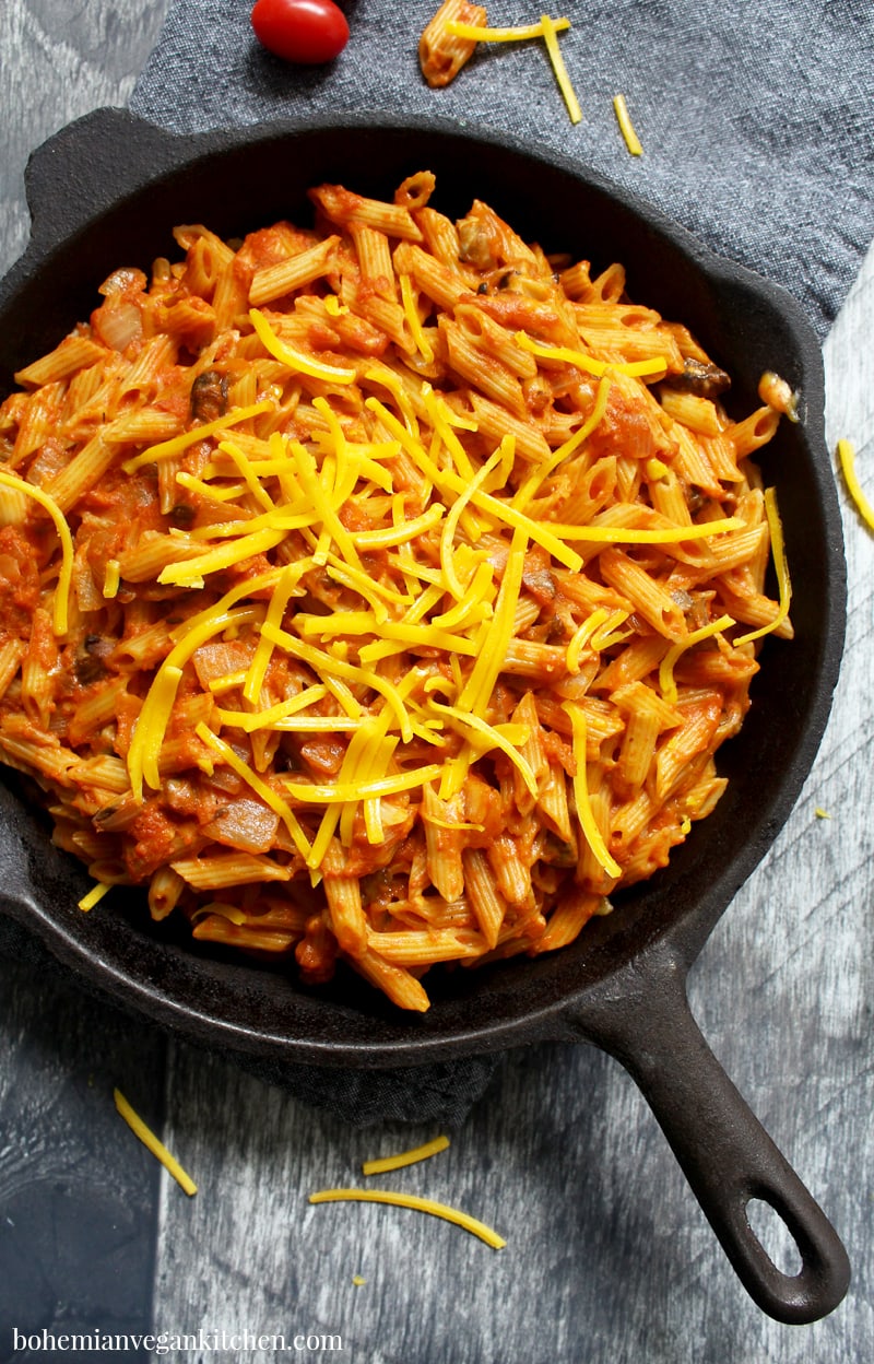 overhead shot of a cast iron skillet full of dairy free chef boyardee