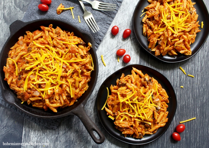 full spread of dairy free chef boyardee-- two plates and a skillet full