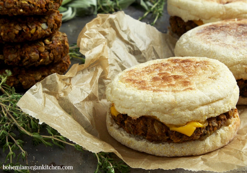 picture of one vegan sausage muffin on parchment paper.