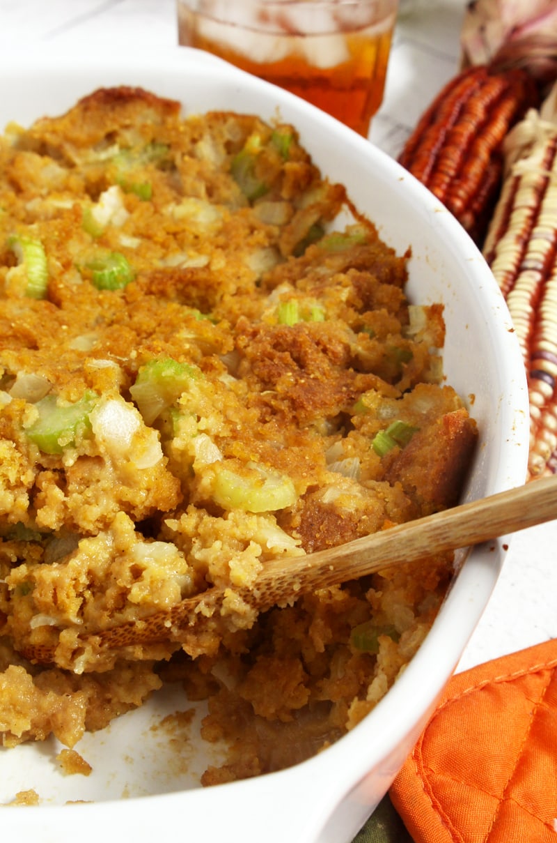 close up picture of gluten free vegan cornbread stuffing out of the oven