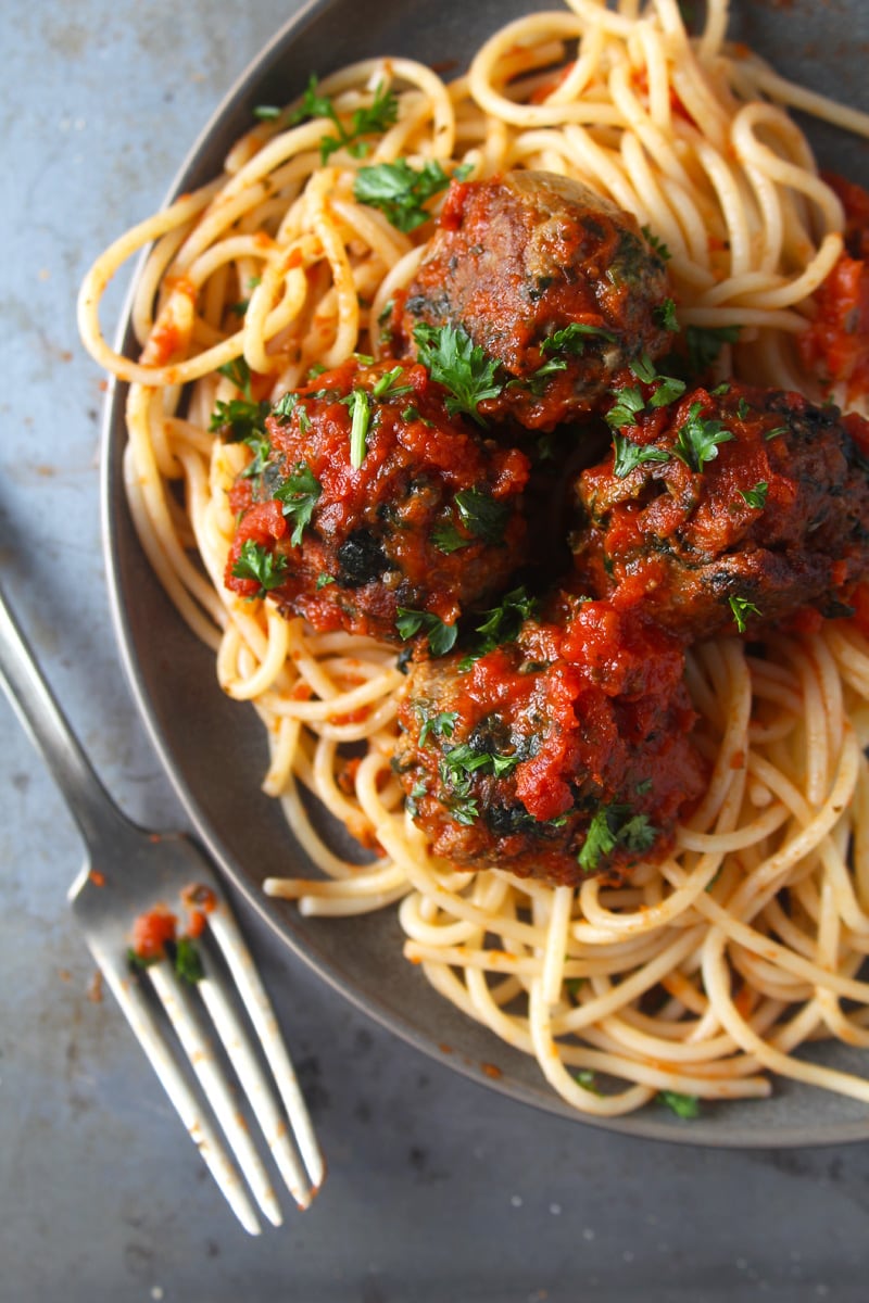 Picture of beyond meatballs with a plate of spaghetti.