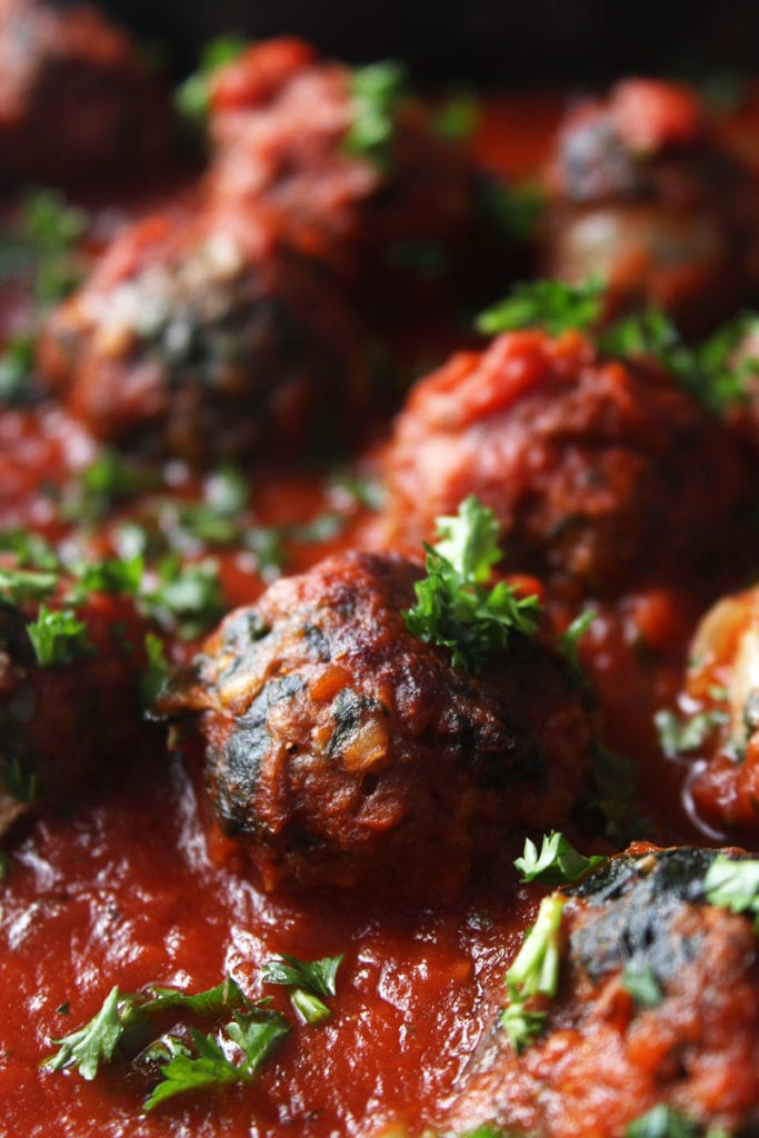 Picture of freshly baked vegan meatballs, close-up. 