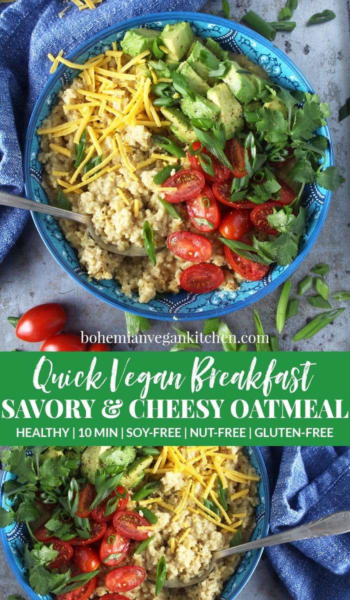 Who says oatmeal has to be sweet? I LOVE making this cheesy + savory vegan oatmeal, which takes less than 10 minutes to make! Topped with fresh tomatoes, diced avocado, cilantro, and green onions, this easy breakfast is the perfect way for your family to start the day. #veganbreakfastrecipes #veganbreakfasthealthy #veganbreakfastideas #quickveganbreakfast #veganoatmealrecipes #veganoatmealsavory #bohemianvegankitchen 