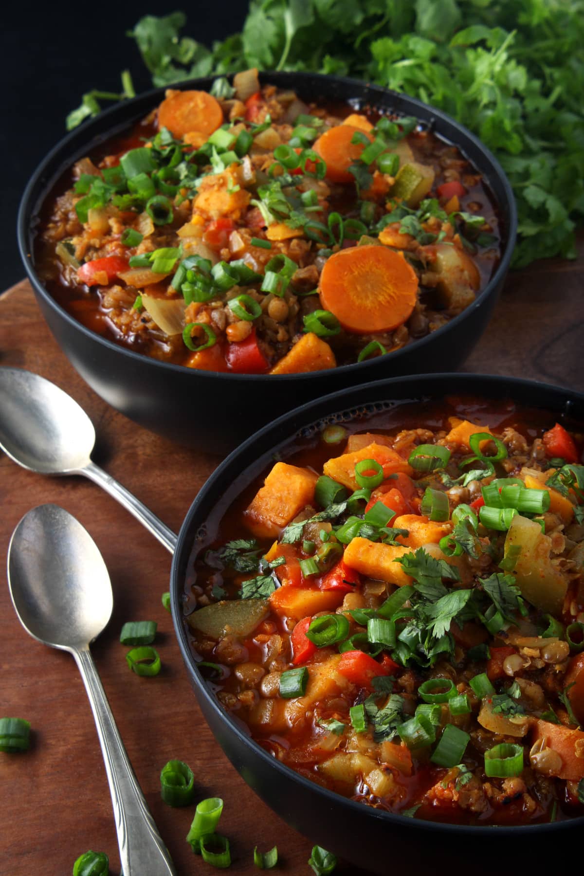 Sometimes you just want comfort food, like this easy vegan chili recipe. Simple to make, this healthy vegan chili is loaded down with a variety of vegetables. But there's a twist: no tomatoes! Completely gluten-free and totally flexible, this chili makes the perfect weeknight dinner. #veganchilirecipe #veganchilieasy #veganchilihealthy #vegansouprecipes #veganweeknightdinners #easyveganrecipes #bohemianvegankitchen