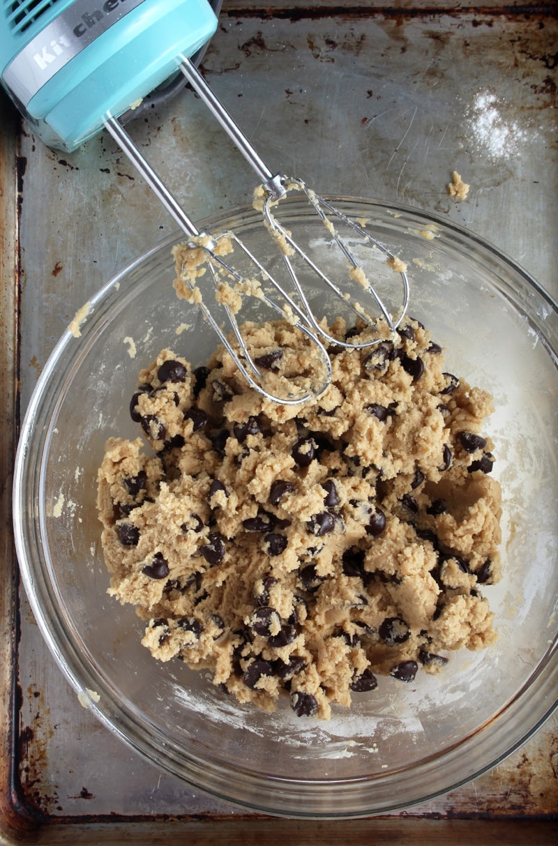 Cookie batter with chocolate chips mixed together. 
