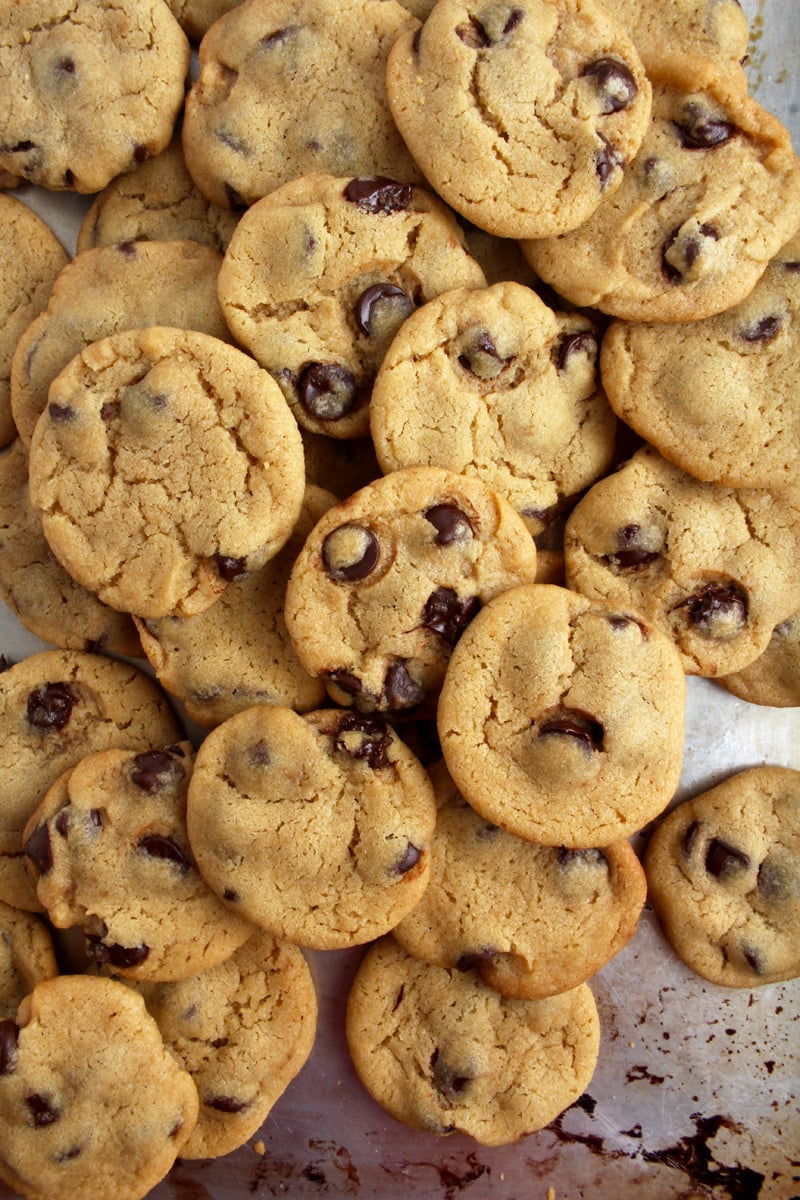 Two dozen chocolate chip cookies piled on top of each other. 