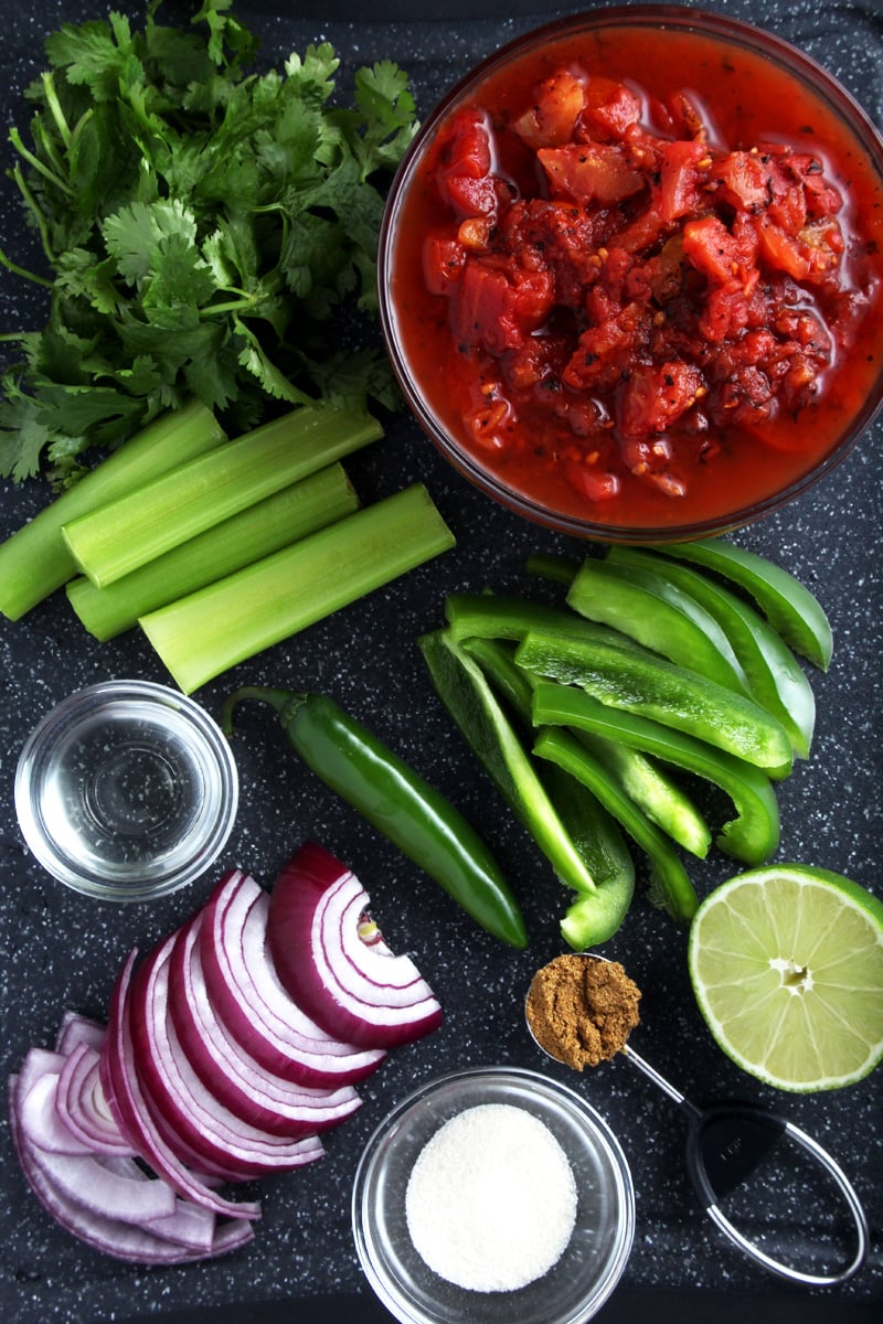 Overhead shot of all the ingredients you'll need to make this salsa recipe. 