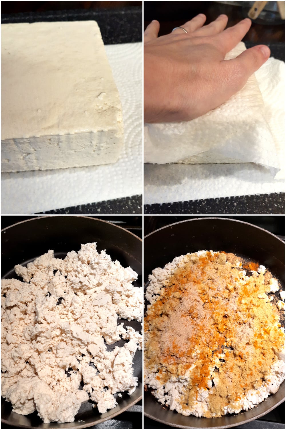 Instruction step picture collage of patting tofu dry with paper towel, then crumbling and frying in pan. 