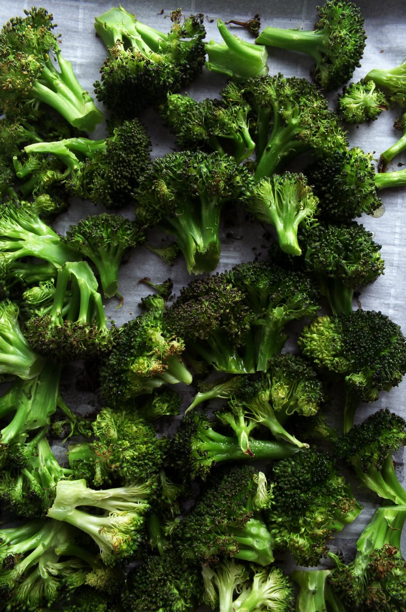 close up of broccoli baked