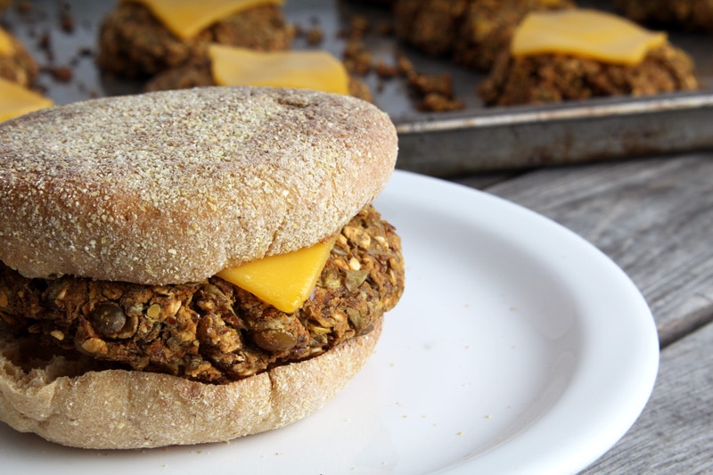 picture of a vegan sausage muffin on a plate. 