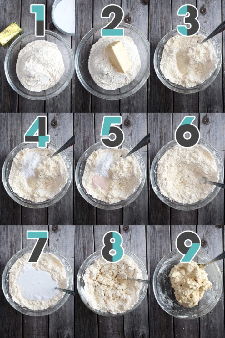 steps 1-9 for creating this vegan biscuits recipe dough