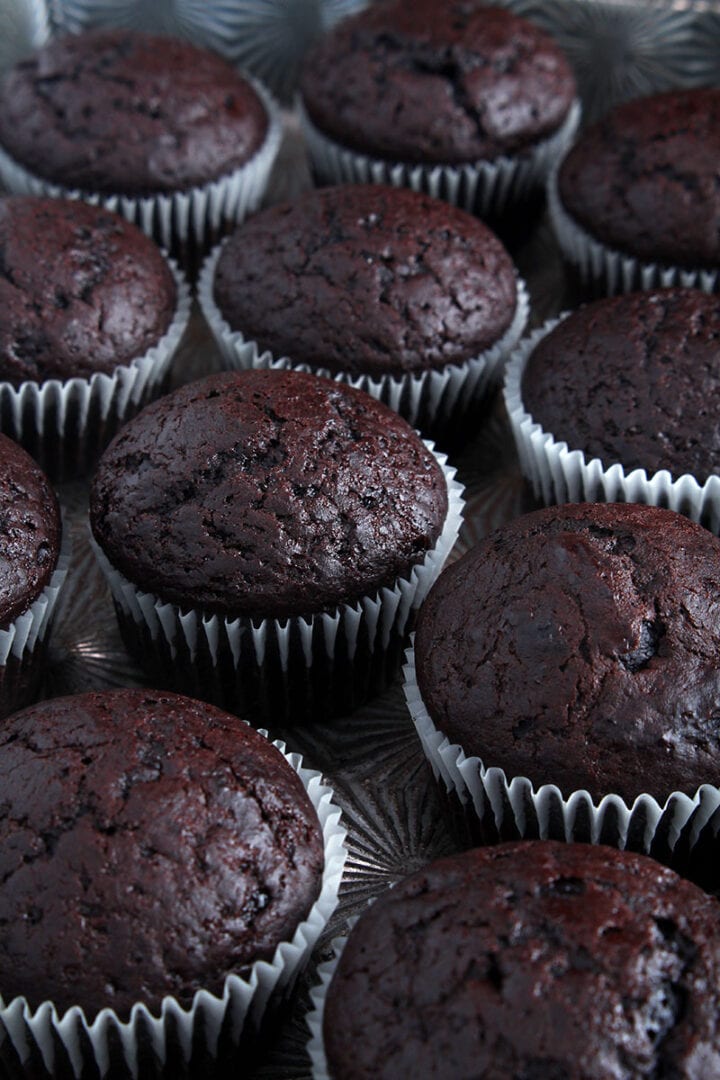 picture of vegan chocolate cupcakes on a baking pan