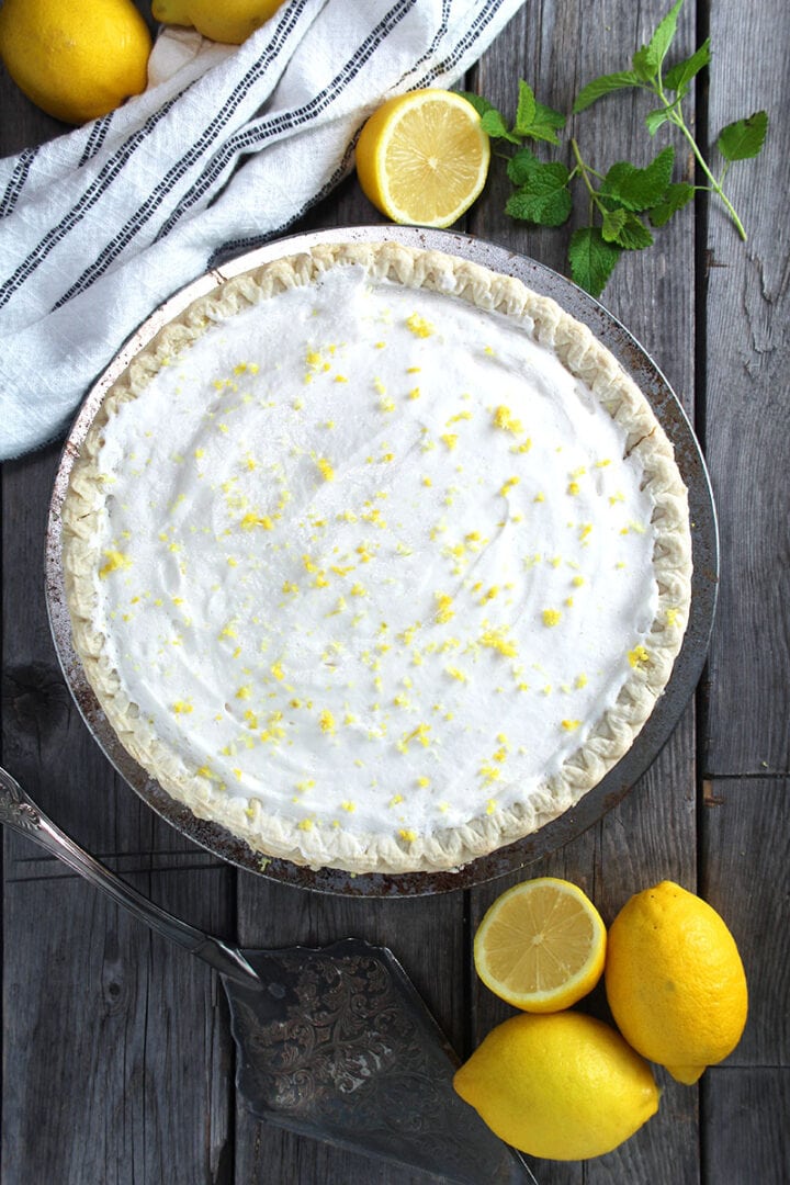 picture of a vegan lemon pie, uncut and ready to eat