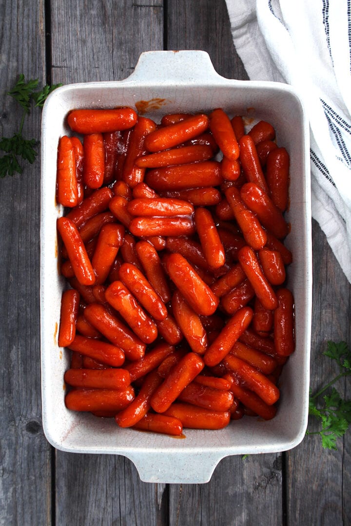 picture of a full casserole dish of instant pot carrots