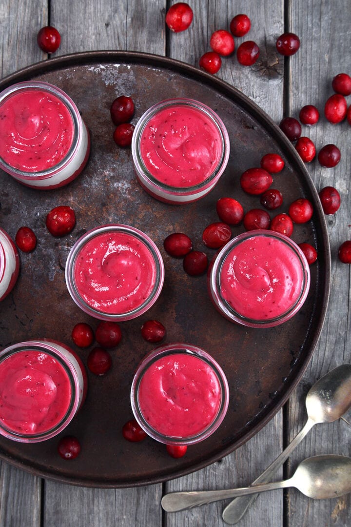 picture of vegan cranberry sauce on tray in serving cups