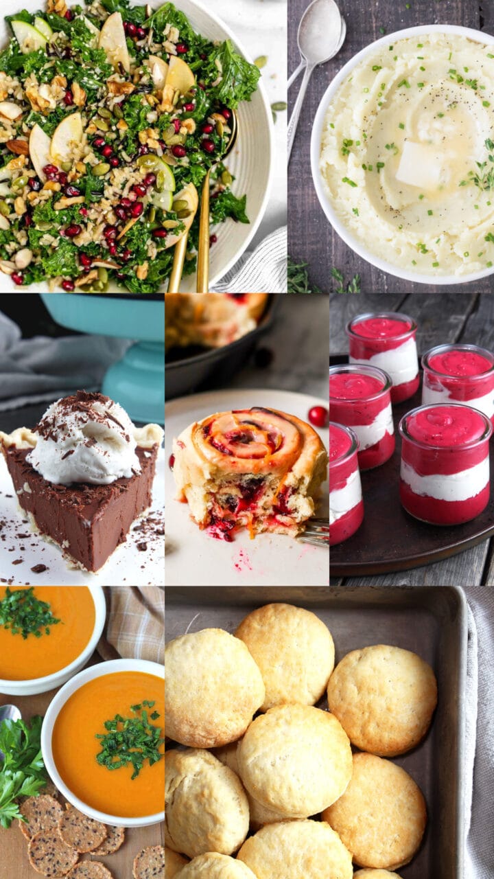 collage of vegan side dishes for Thanksgiving