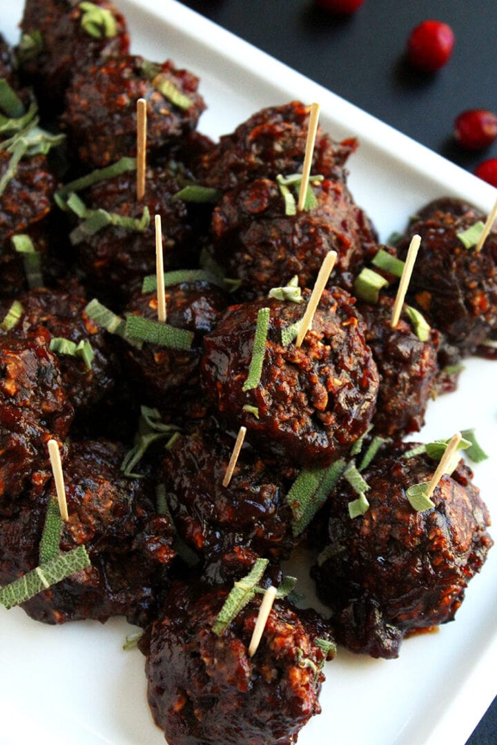 picture of black bean meatballs overhead with toothpicks 