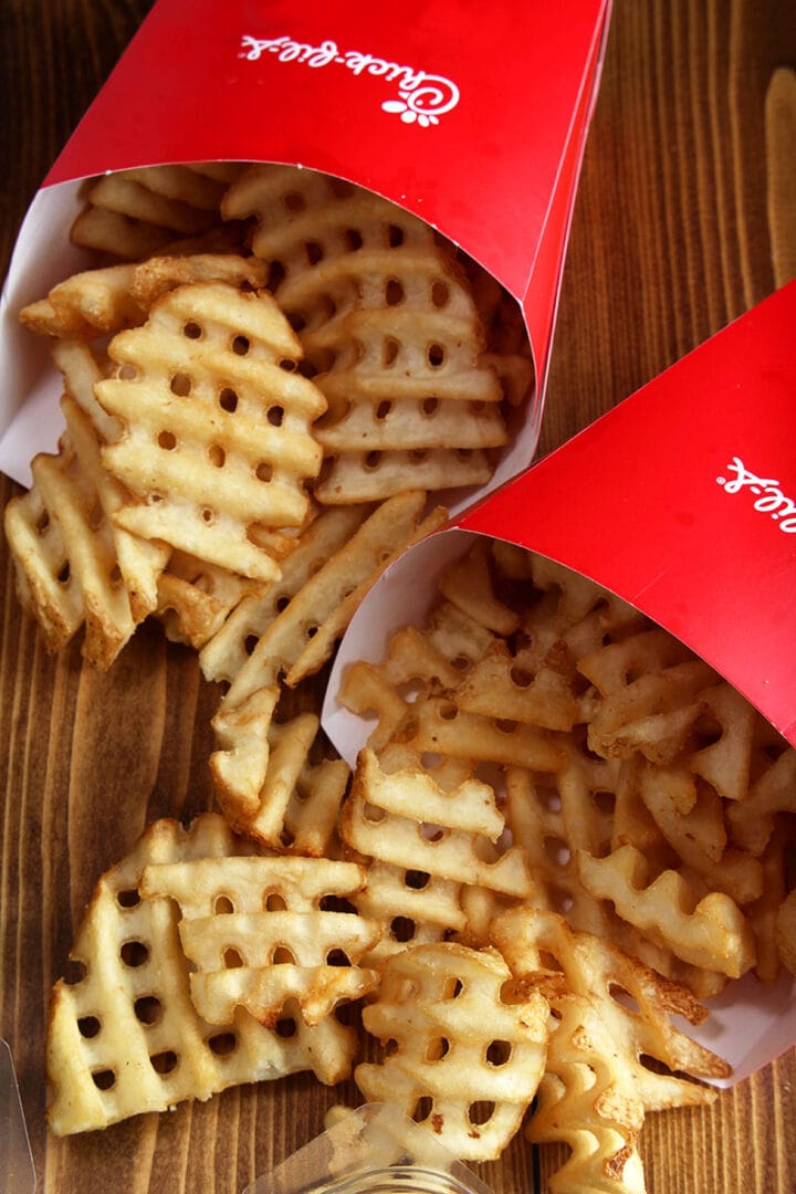 close up picture of the vegan waffle fries at chick-fil-a