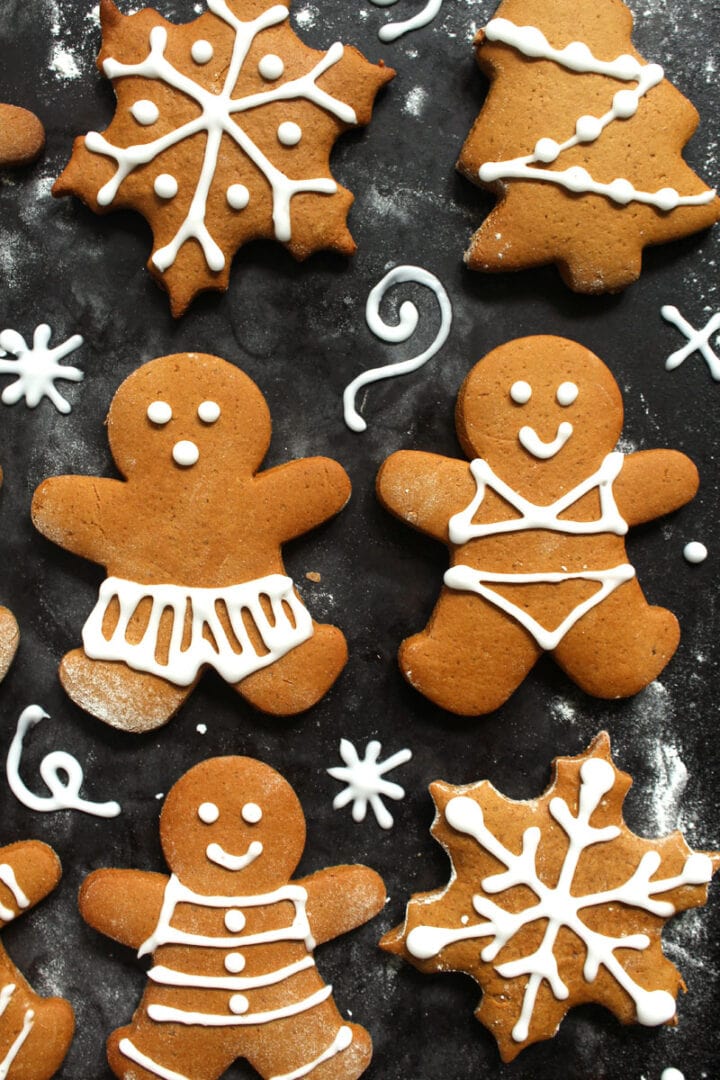 closeup of vegan gingerbread cookies-- man with boxers and a lady in a bikini. 